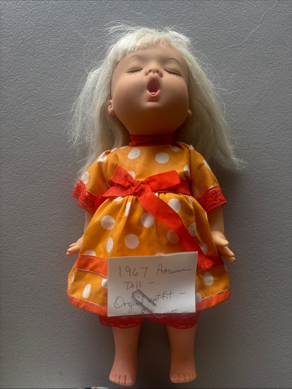 Vintage-Style Blonde Doll in Orange Polka Dot Dress